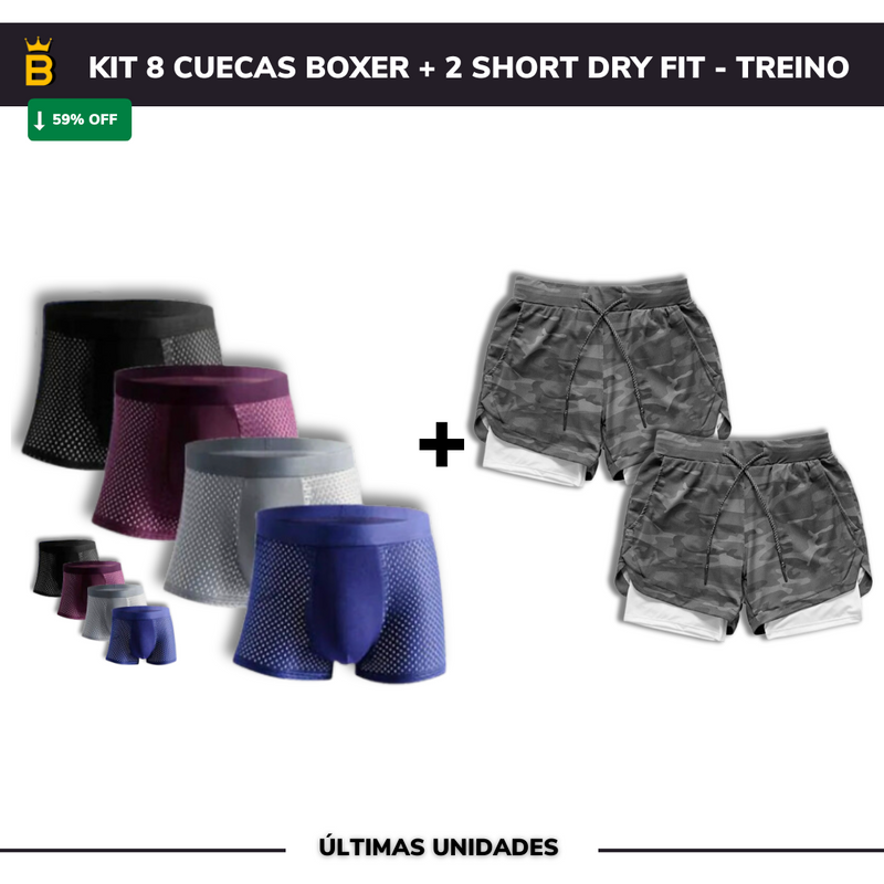 Kit 8 Cuecas Boxer + 2 Shorts Dry Fit - Treino